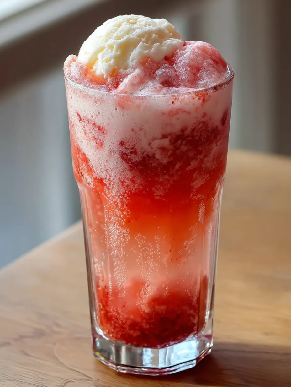 A glass of a red drink with a scoop of ice cream.