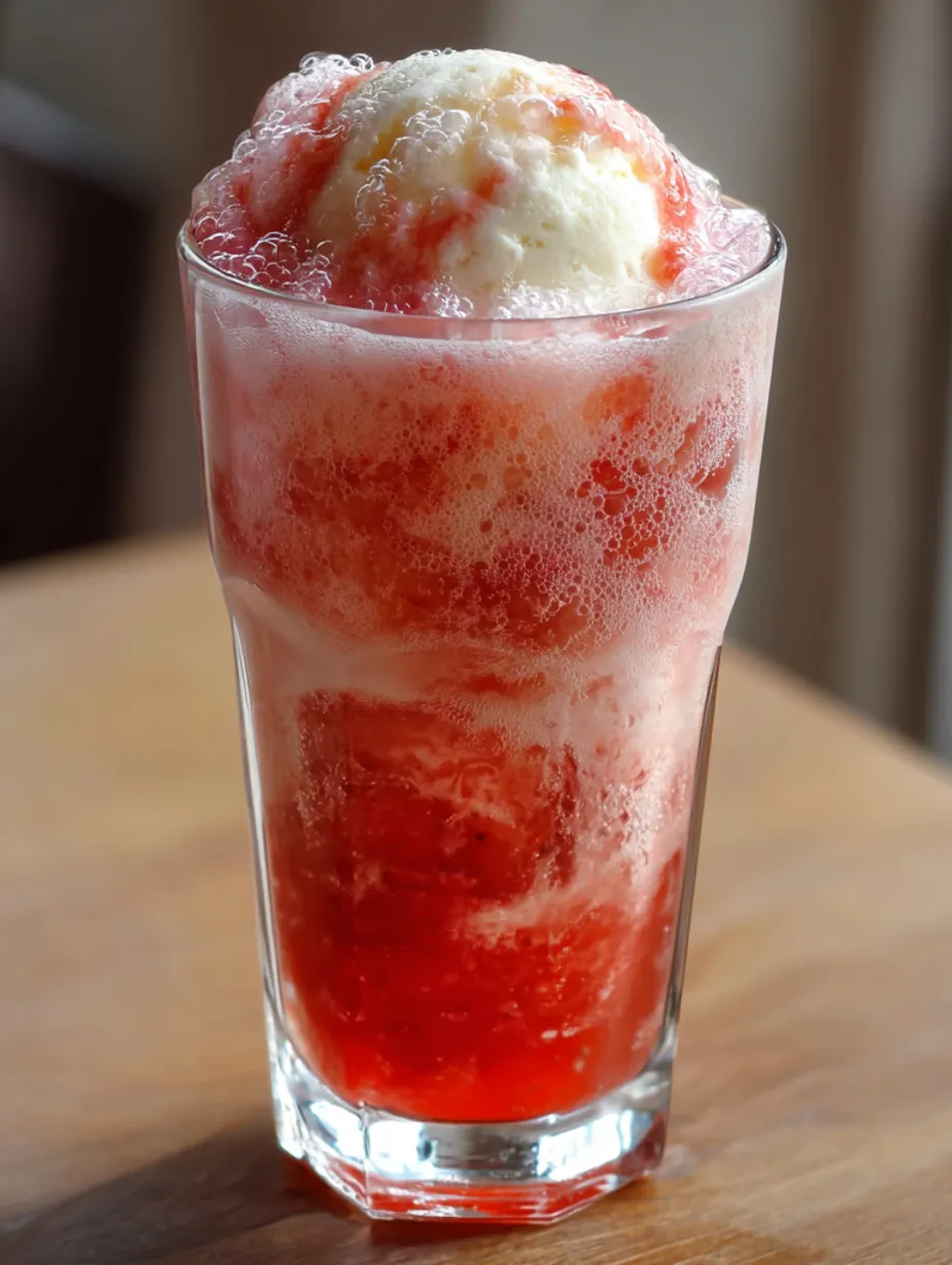A glass of a red beverage with a strawberry on top.