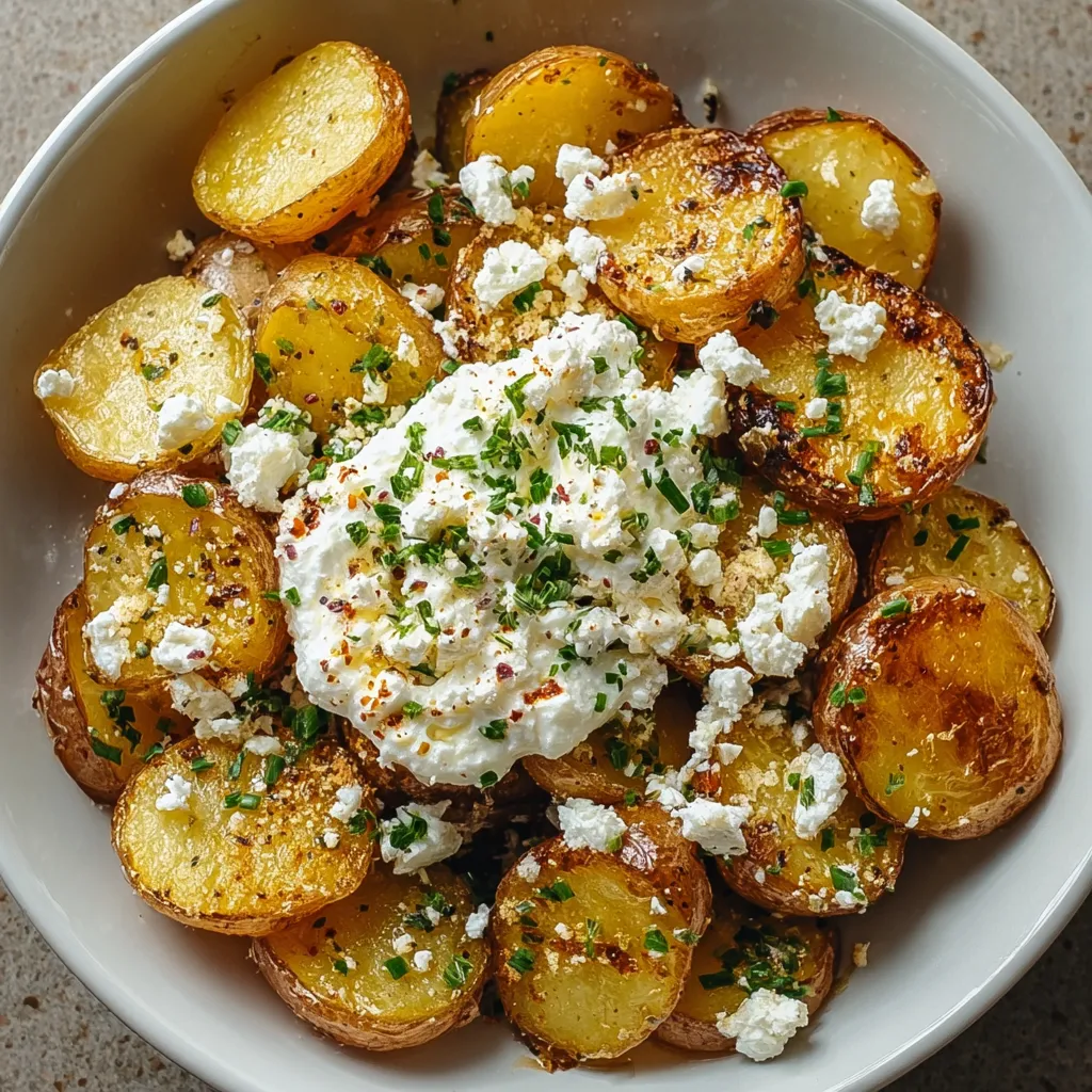A bowl of baked potatoes with whipped feta cheese.