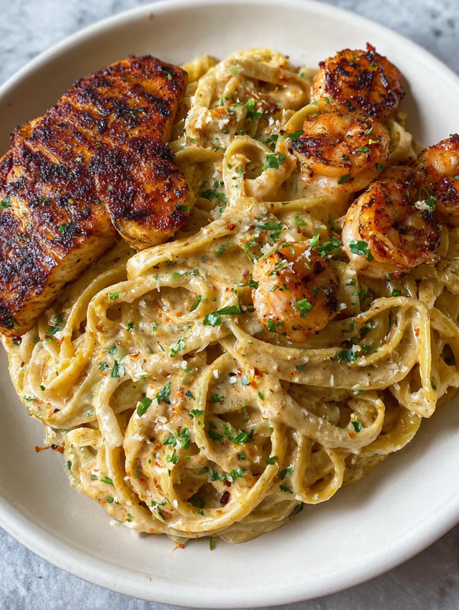 A plate of pasta with chicken and shrimp.