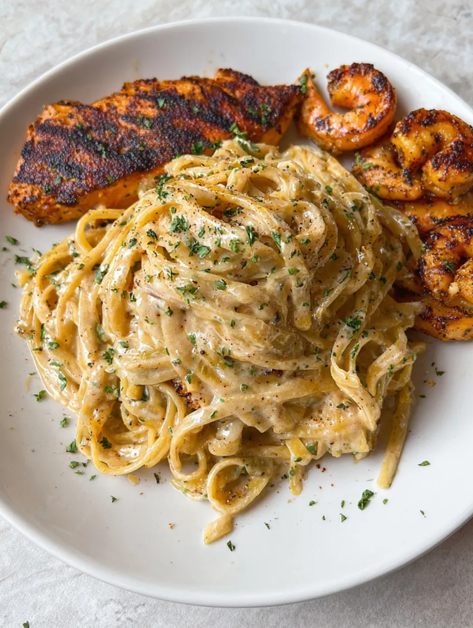 A plate of pasta with chicken and shrimp.