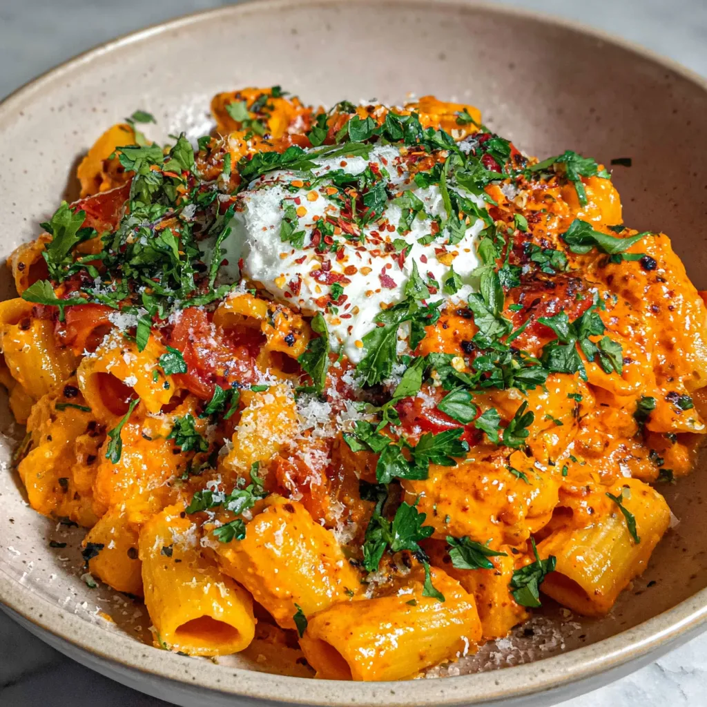 A bowl of creamy tomato garlic pasta.