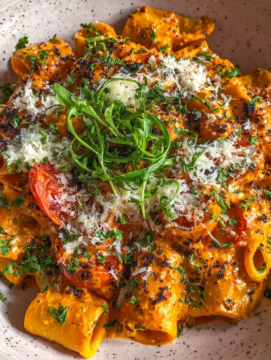 A dish of creamy tomato garlic pasta with a green garnish.