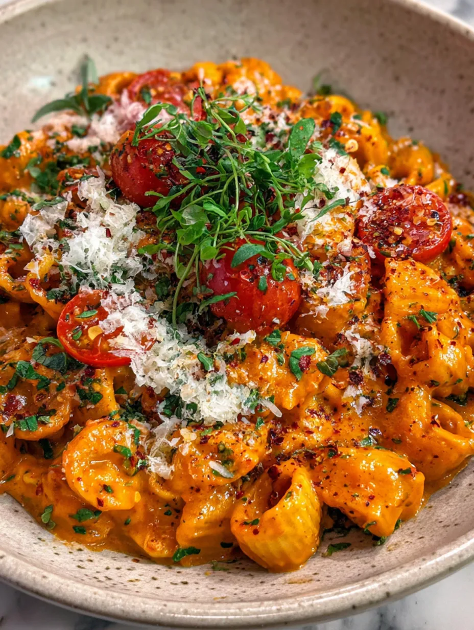 A bowl of creamy tomato garlic pasta.