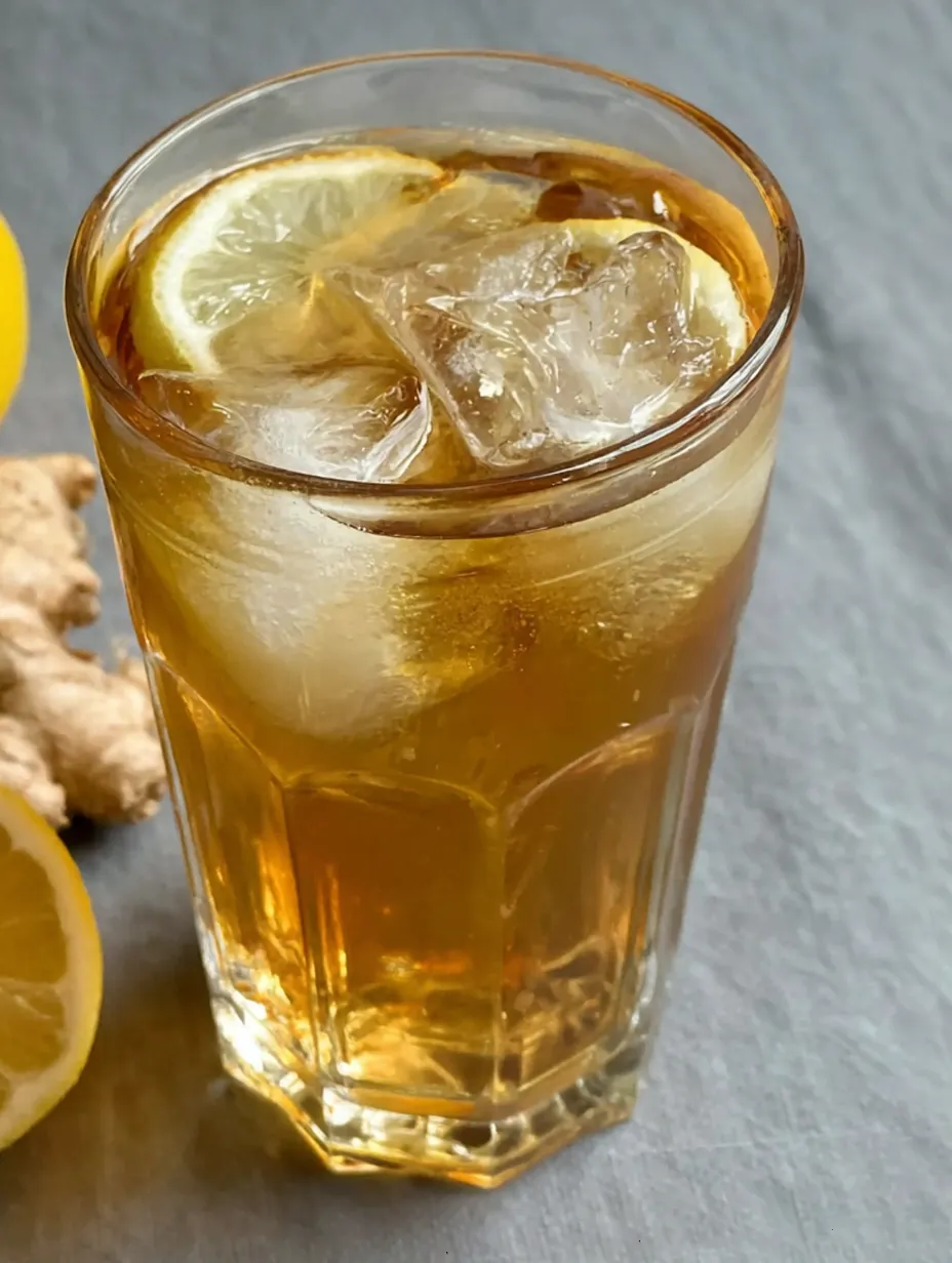 A glass of homemade ginger ale with a slice of lemon.