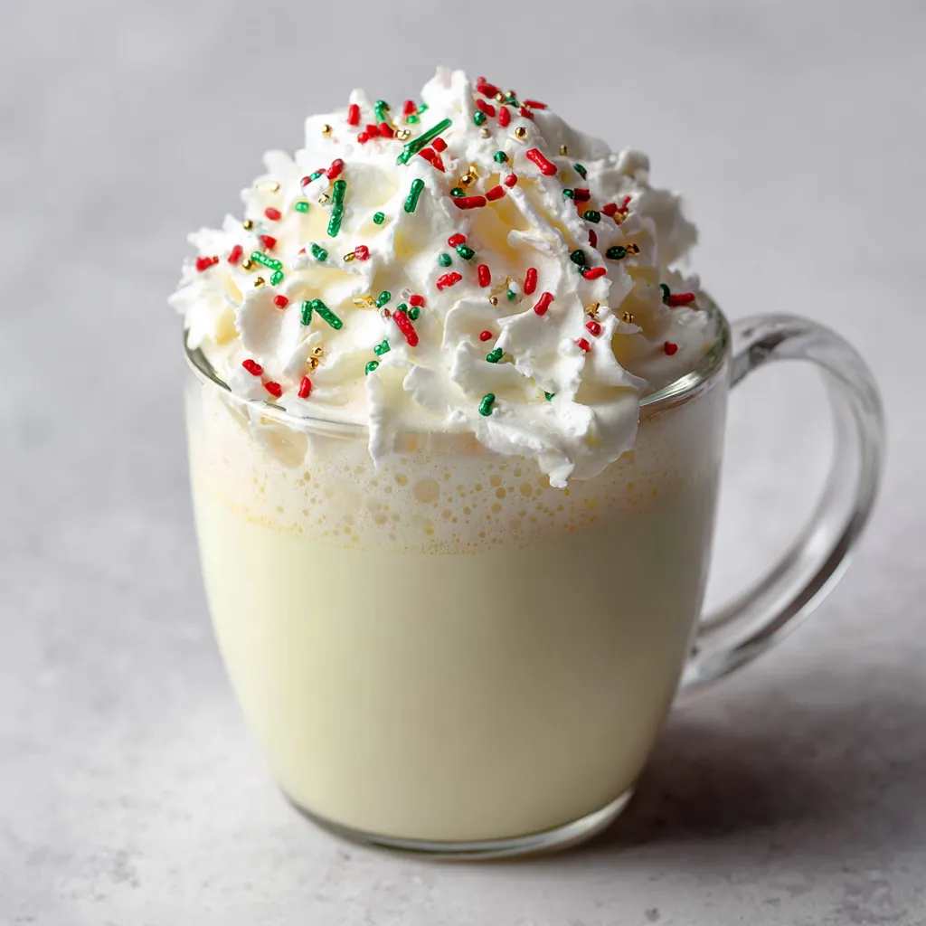 A glass of white hot chocolate with sprinkles.