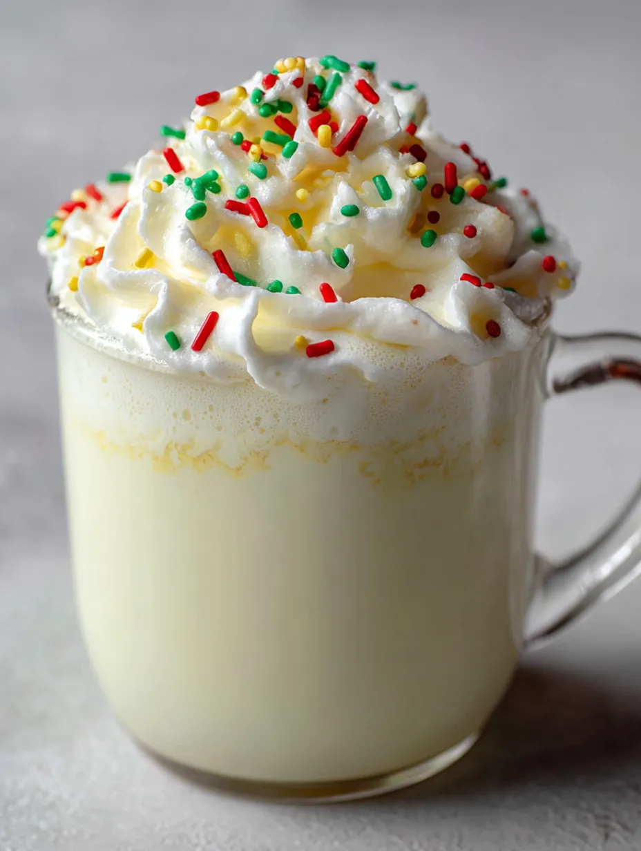 A cup of white hot chocolate with sprinkles.