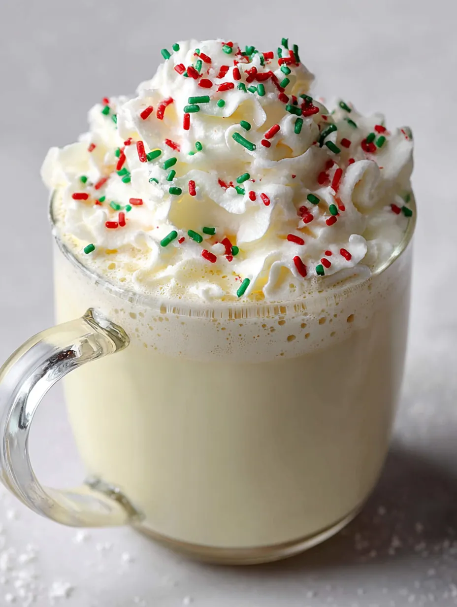 A glass of white hot chocolate with sprinkles.
