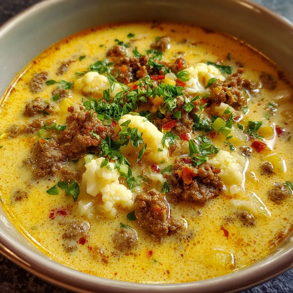A bowl of cheeseburger soup with vegetables.
