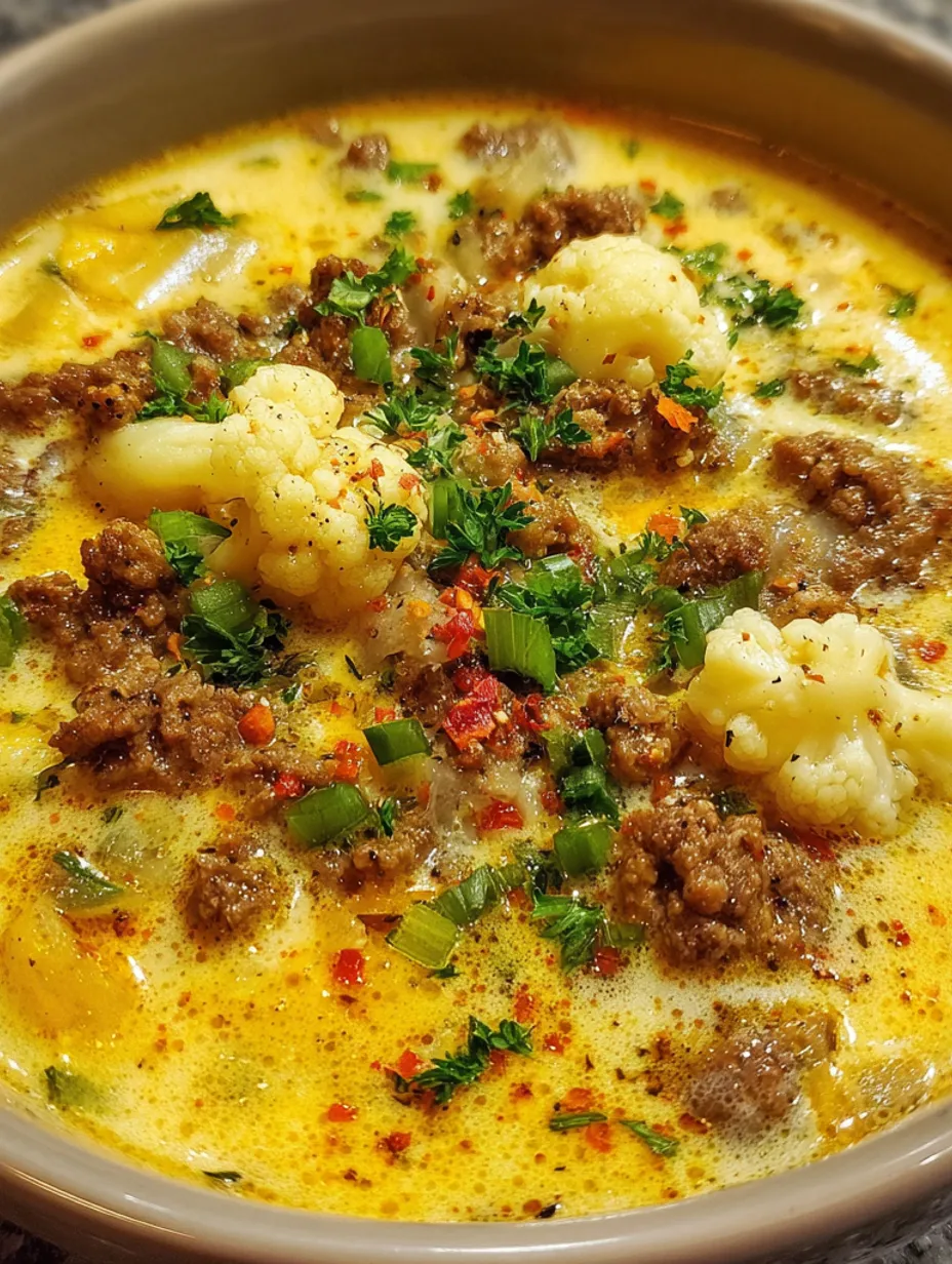 A bowl of cheeseburger soup with cauliflower and broccoli.