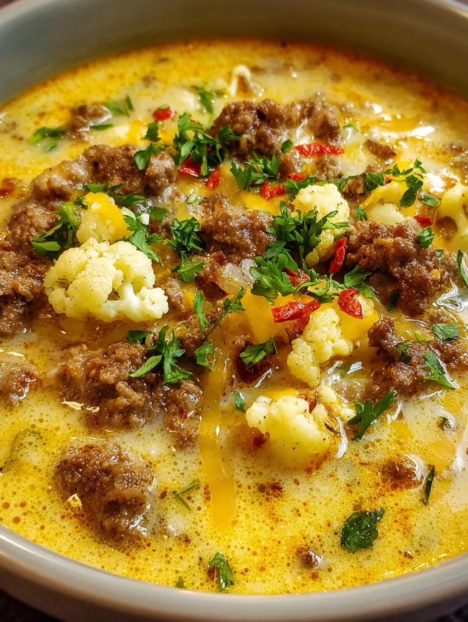 A bowl of cheeseburger soup with cauliflower and red peppers.