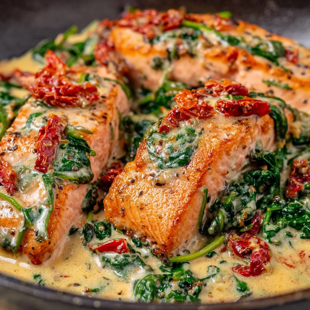 A dish of salmon with a creamy sauce.