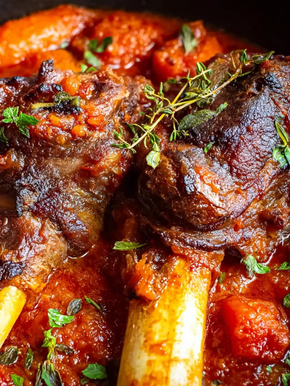 Lamb shanks cooked in a red sauce.