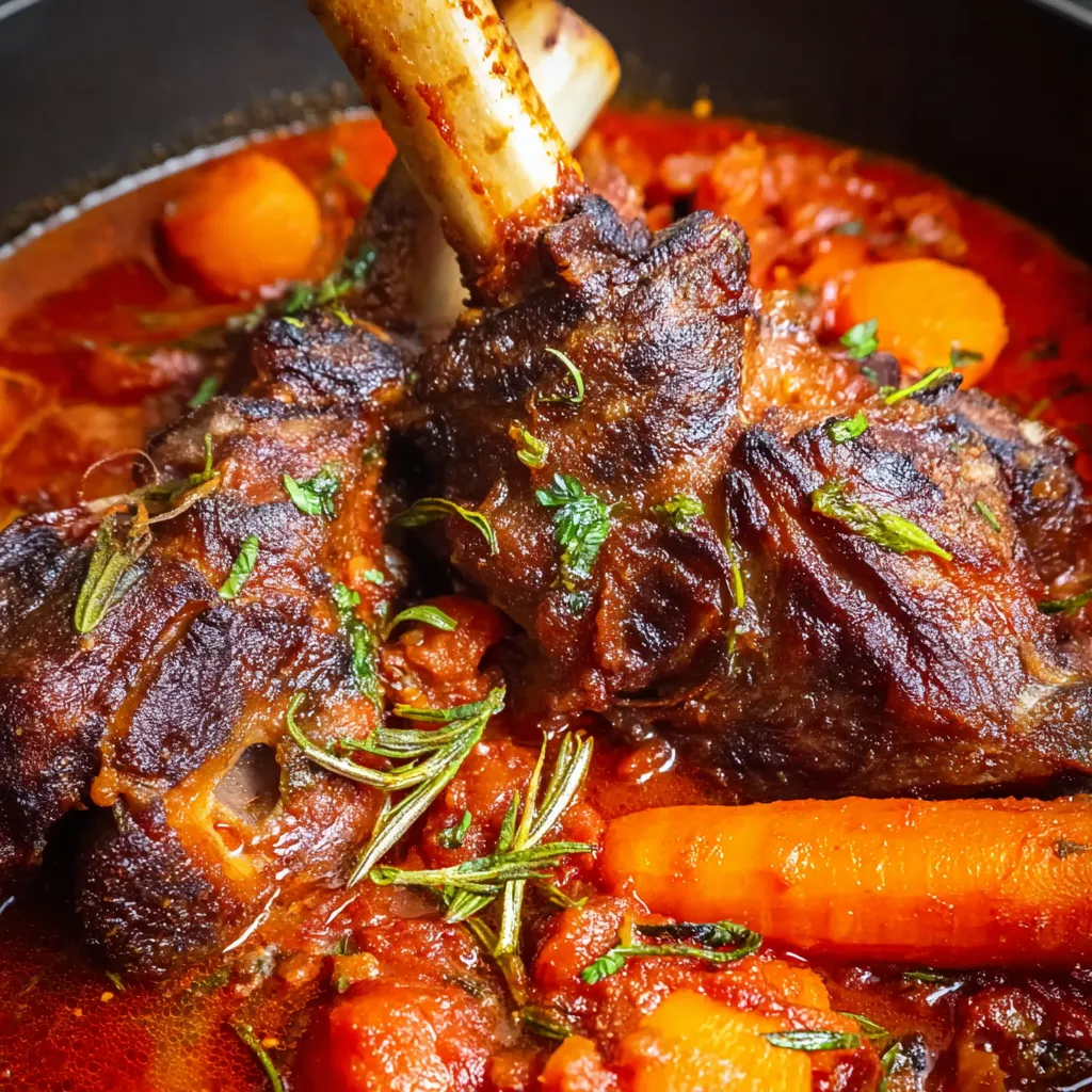 Lamb shank recipe with carrots and herbs.