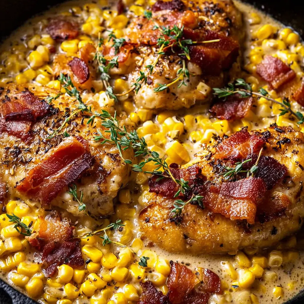 A close up of a dish with chicken, corn, and herbs.