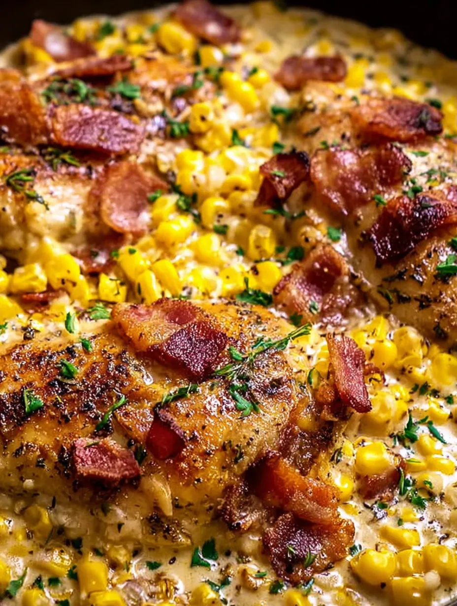 A close up of a piece of chicken with bacon and corn.