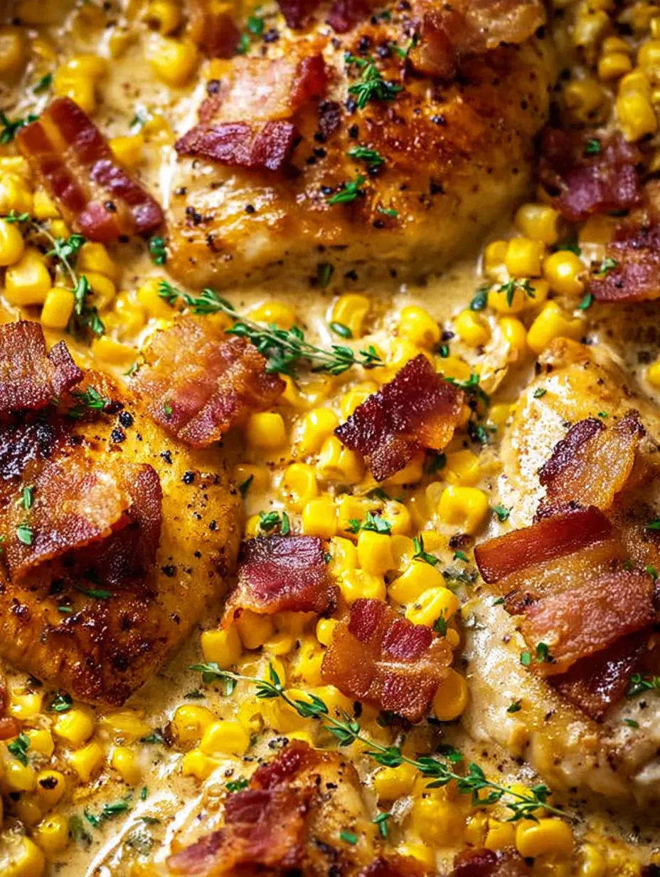 A dish of chicken with bacon and corn.