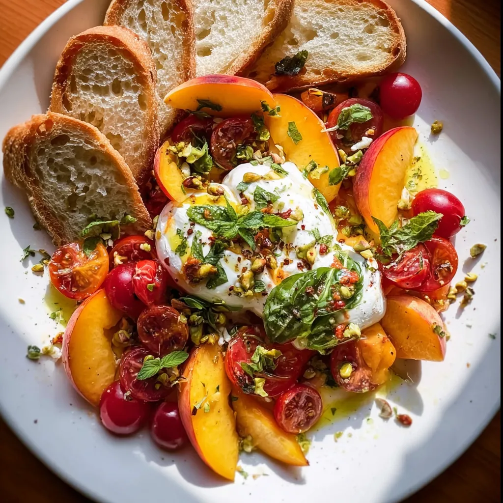 A plate of food with tomatoes, peaches, and burrata.