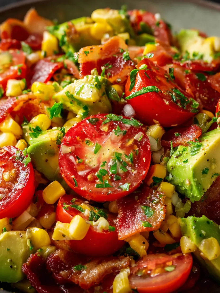 A close up of a salad with tomatoes, corn, and bacon.