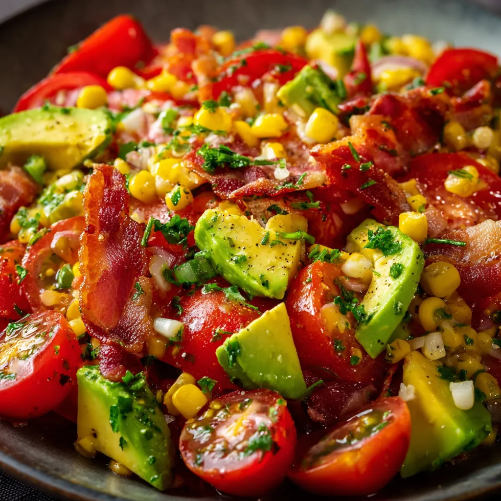 A bowl of tomato, bacon and corn salad.