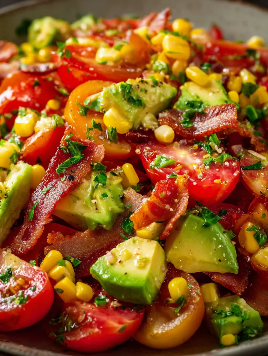A close up of a salad with tomatoes, corn, and bacon.