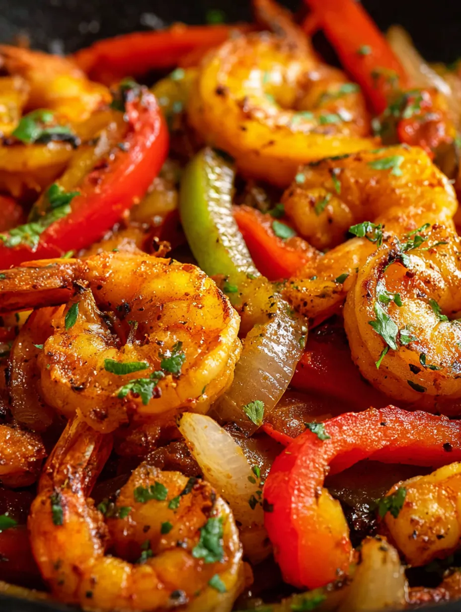 Shrimp fajitas with peppers and onions.