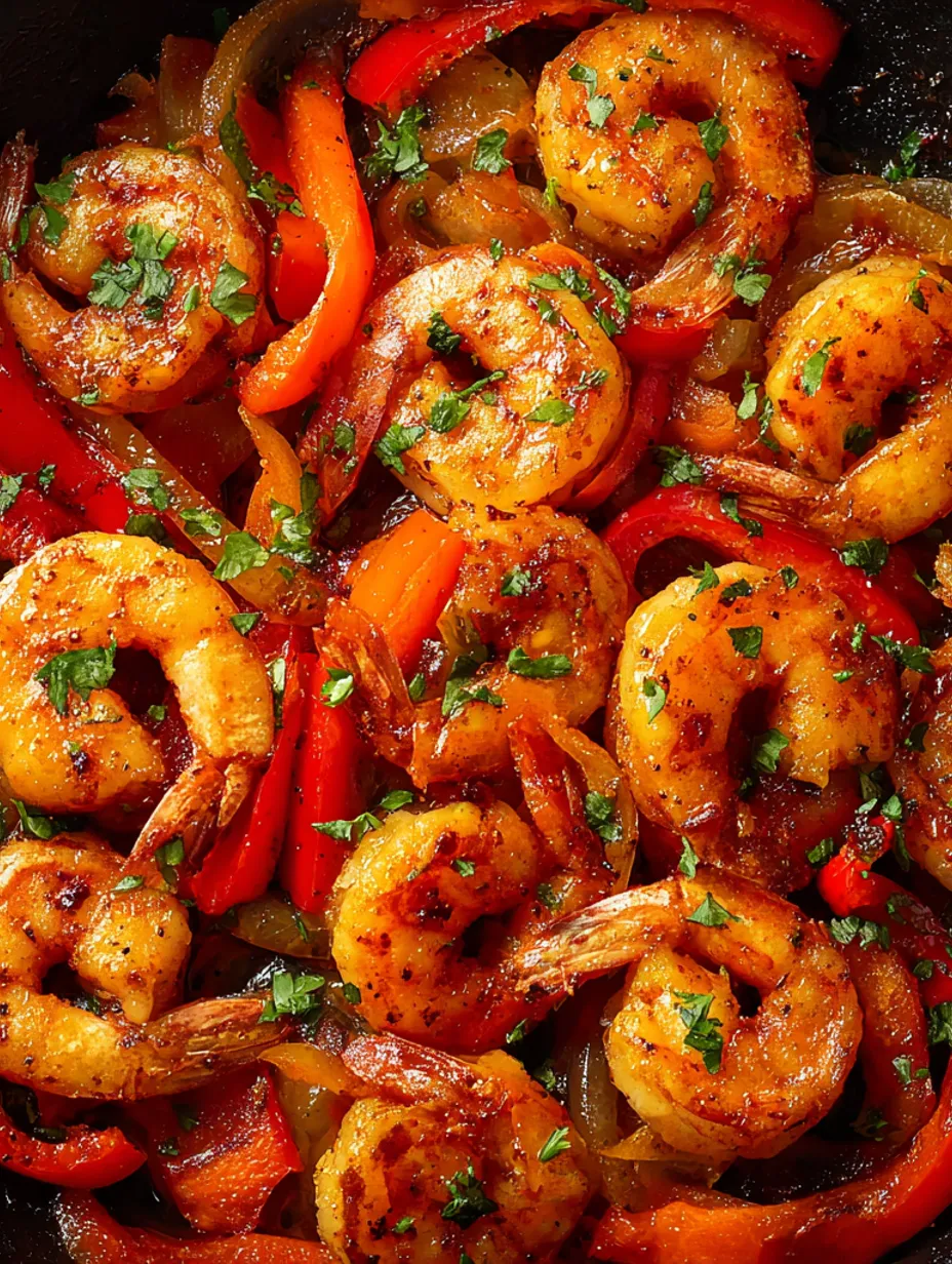 Shrimp fajitas with peppers and onions.