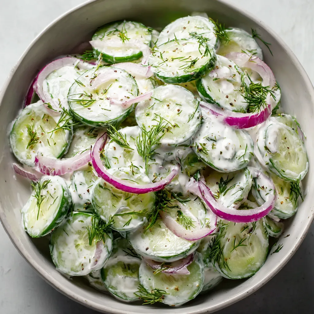 A bowl of cucumber salad with onions and herbs.