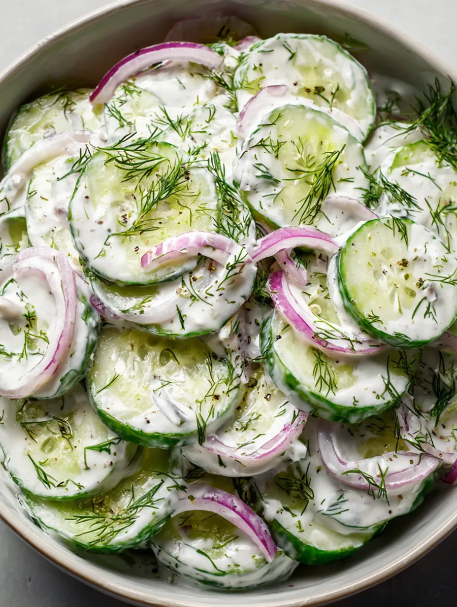 A bowl of cucumber salad with onions and herbs.