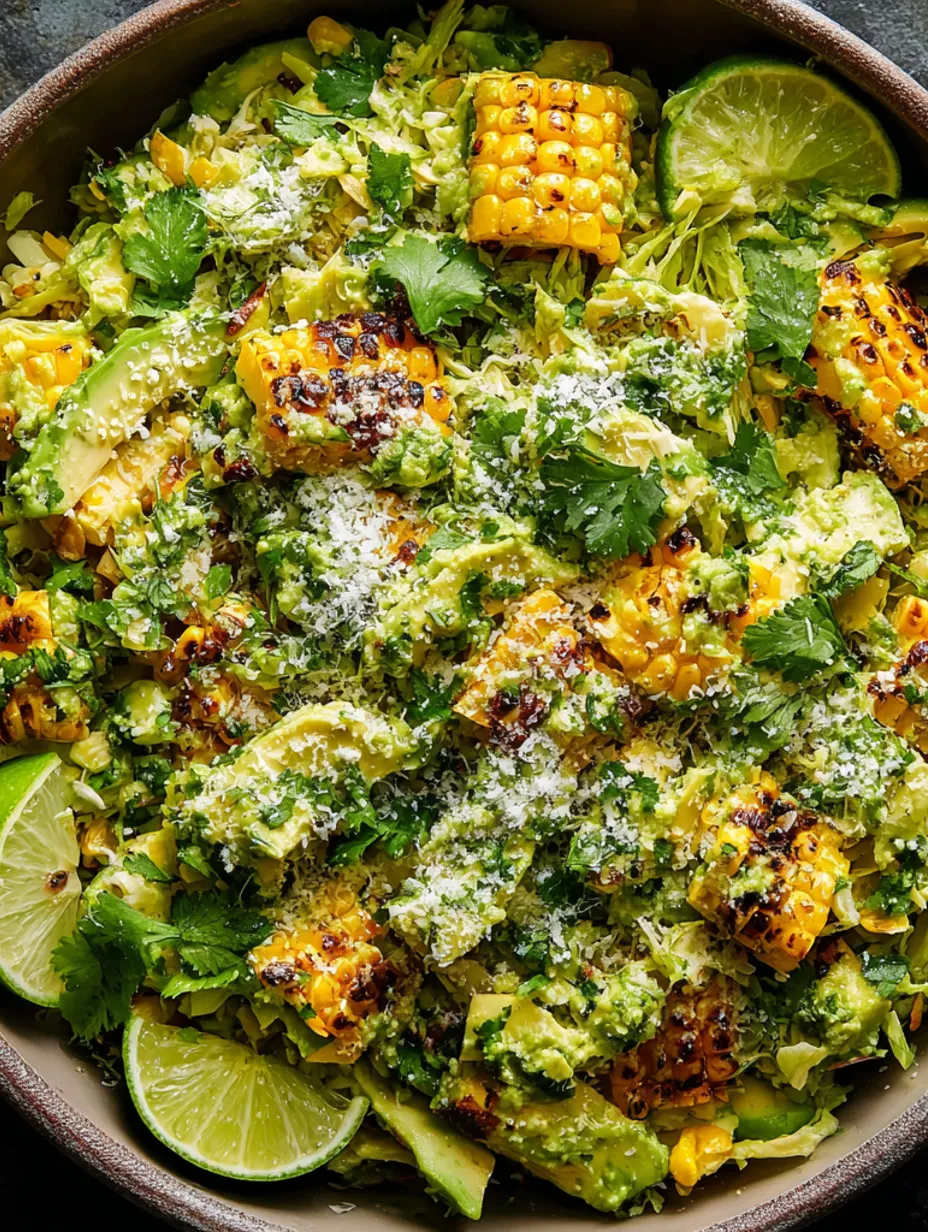 A bowl of charred corn and cabbage salad with a creamy avocado dressing.