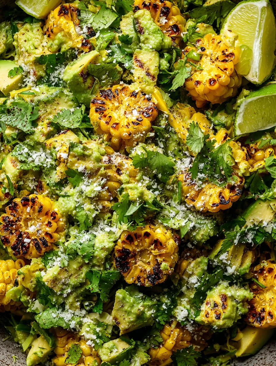 A close up of a delicious charred corn cabbage salad with creamy avocado dressing.