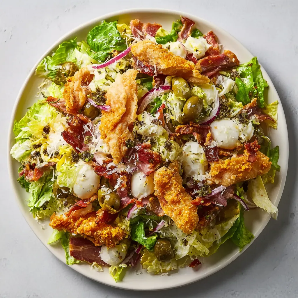 A plate of pizza salad with chicken, bacon, lettuce, tomatoes, and cheese.