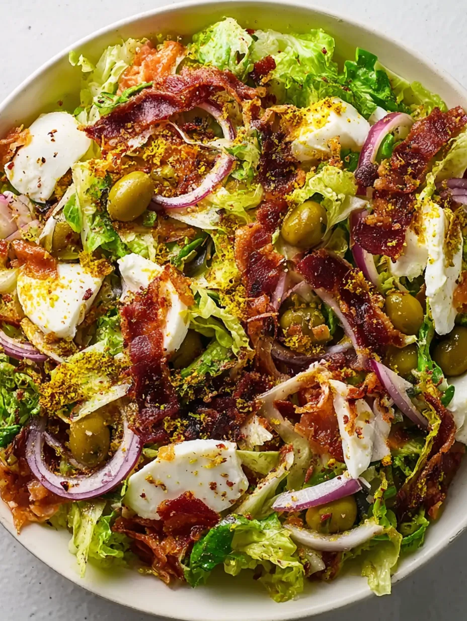 A salad with bacon, lettuce, and cheese.