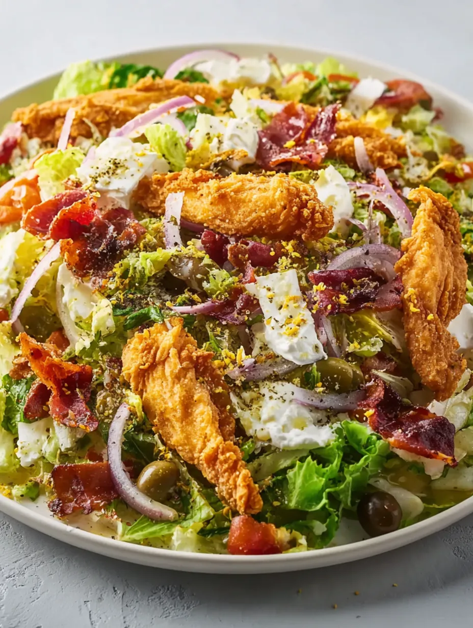 A plate of pizza salad with chicken, bacon, lettuce, tomatoes, and onions.