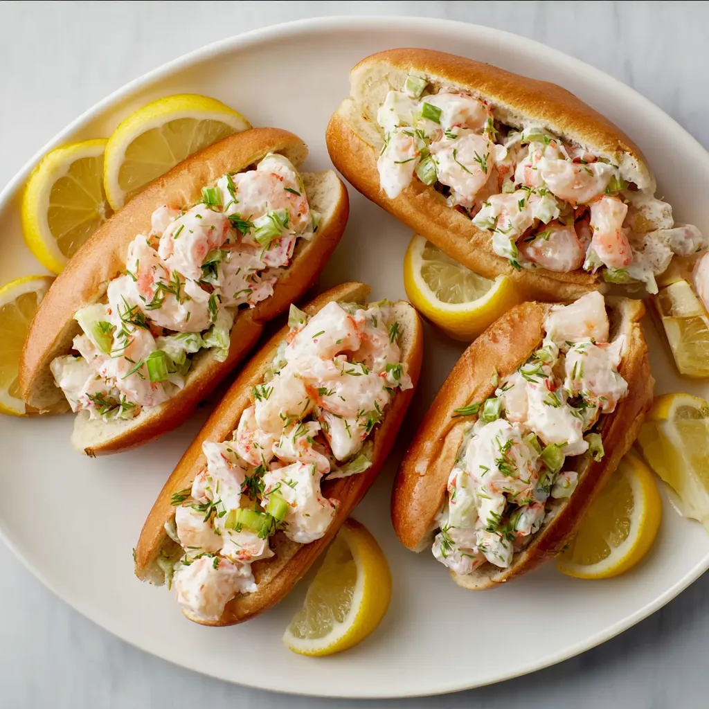 Shrimp rolls with lemon wedges on a plate.