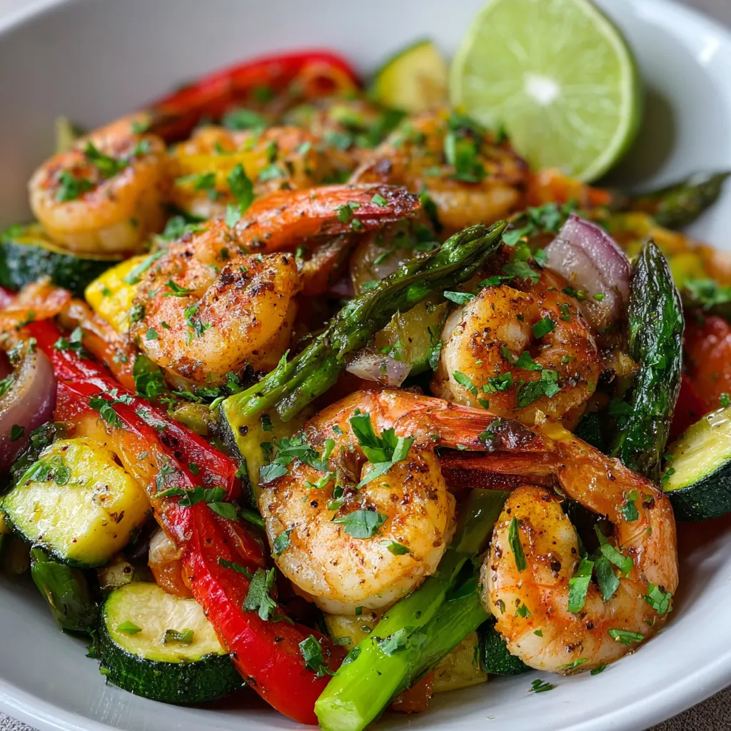 A bowl of shrimp and vegetables.