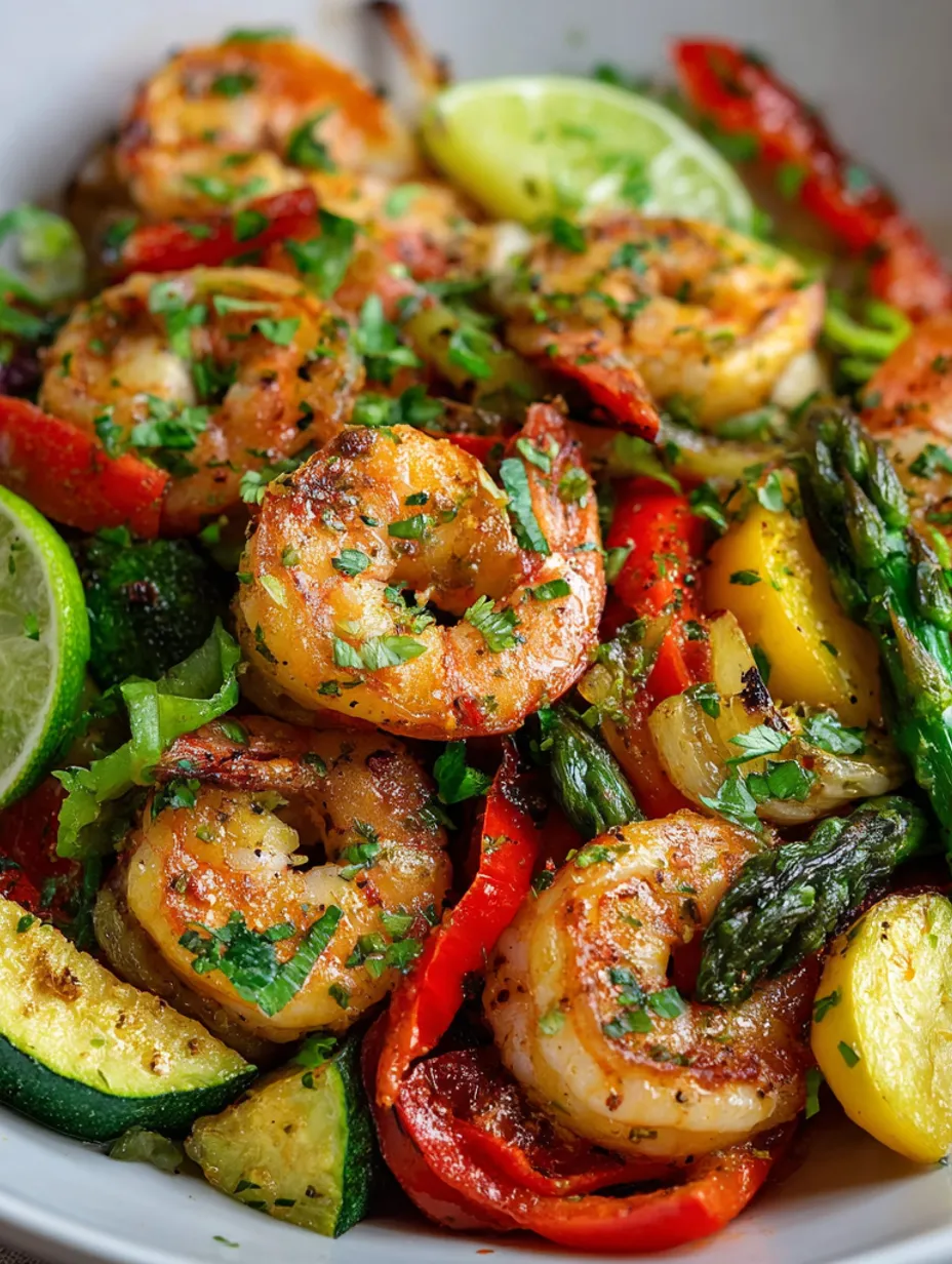A close up of a delicious shrimp and vegetable dish.