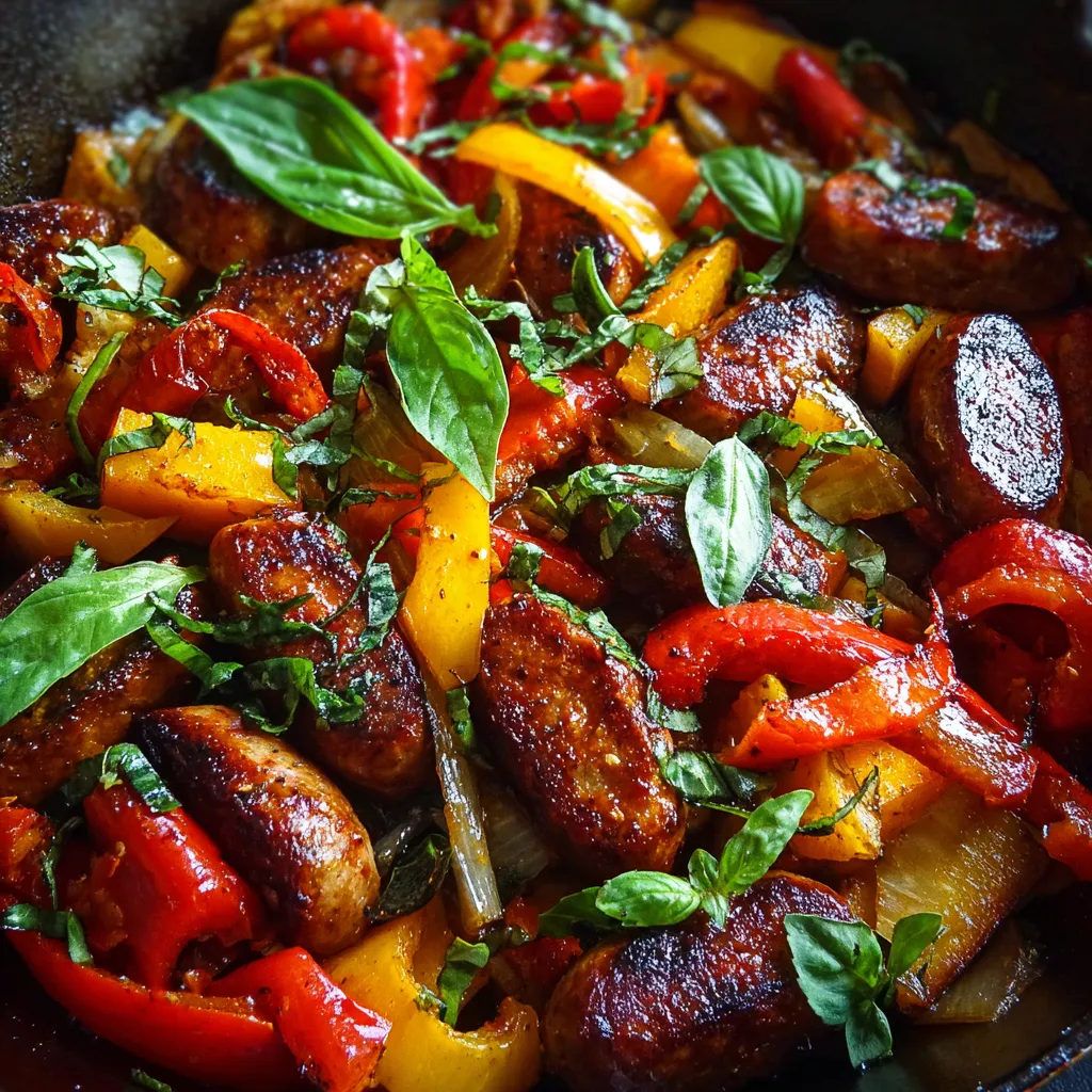 Sausage and peppers in a pan.
