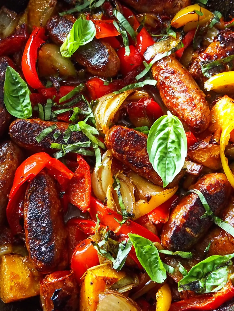 Sausage and peppers on a plate.