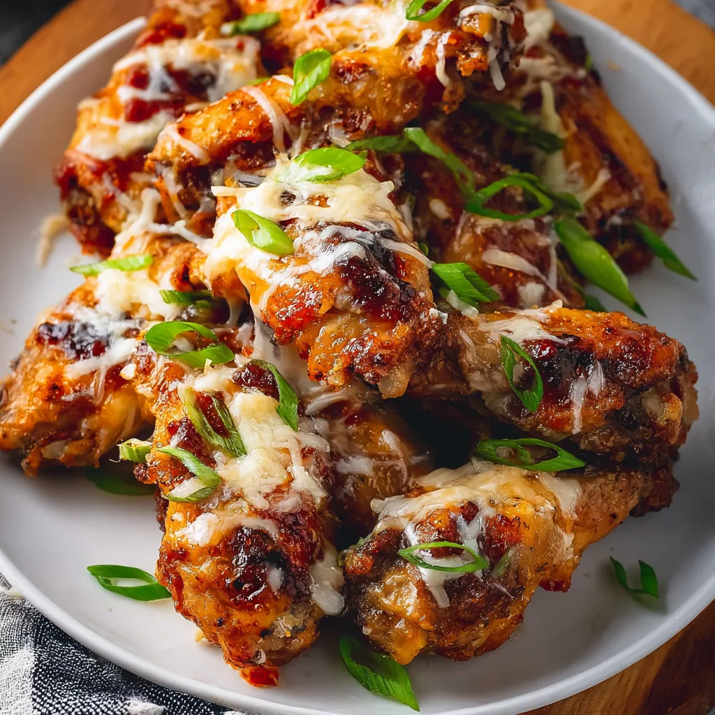 A plate of chicken wings with cheese and sauce.