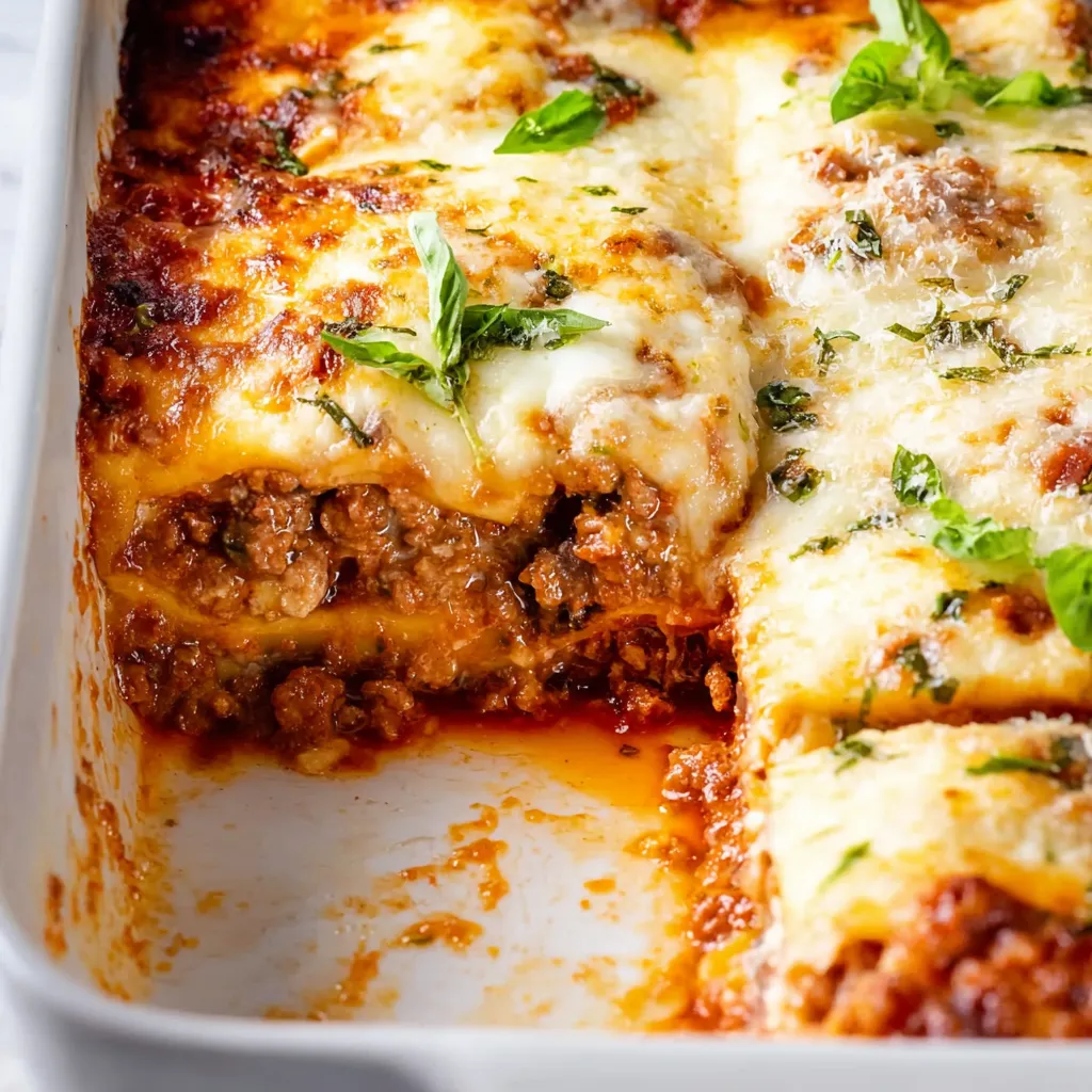 A close up of a lasagna with meat and cheese.