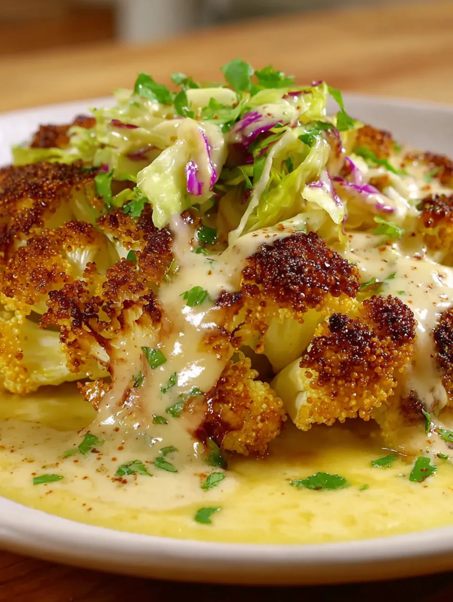 A dish of cauliflower steak with a creamy tahini sauce and a fresh cabbage salad.