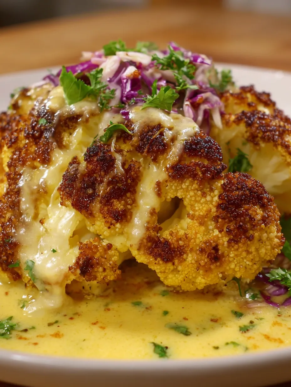 A dish of cauliflower steak with a creamy tahini sauce and a fresh cabbage salad.