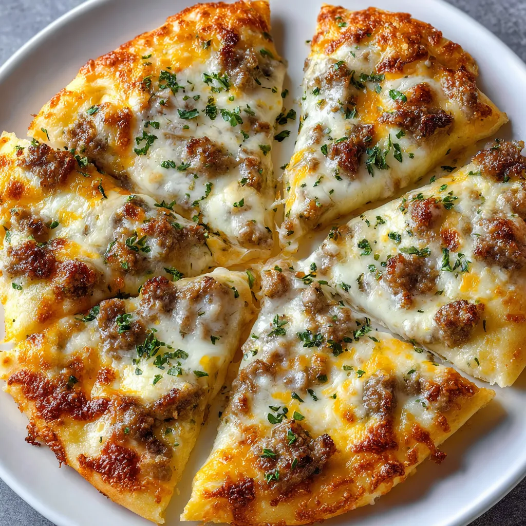 A slice of biscuits and sausage gravy breakfast pizza.