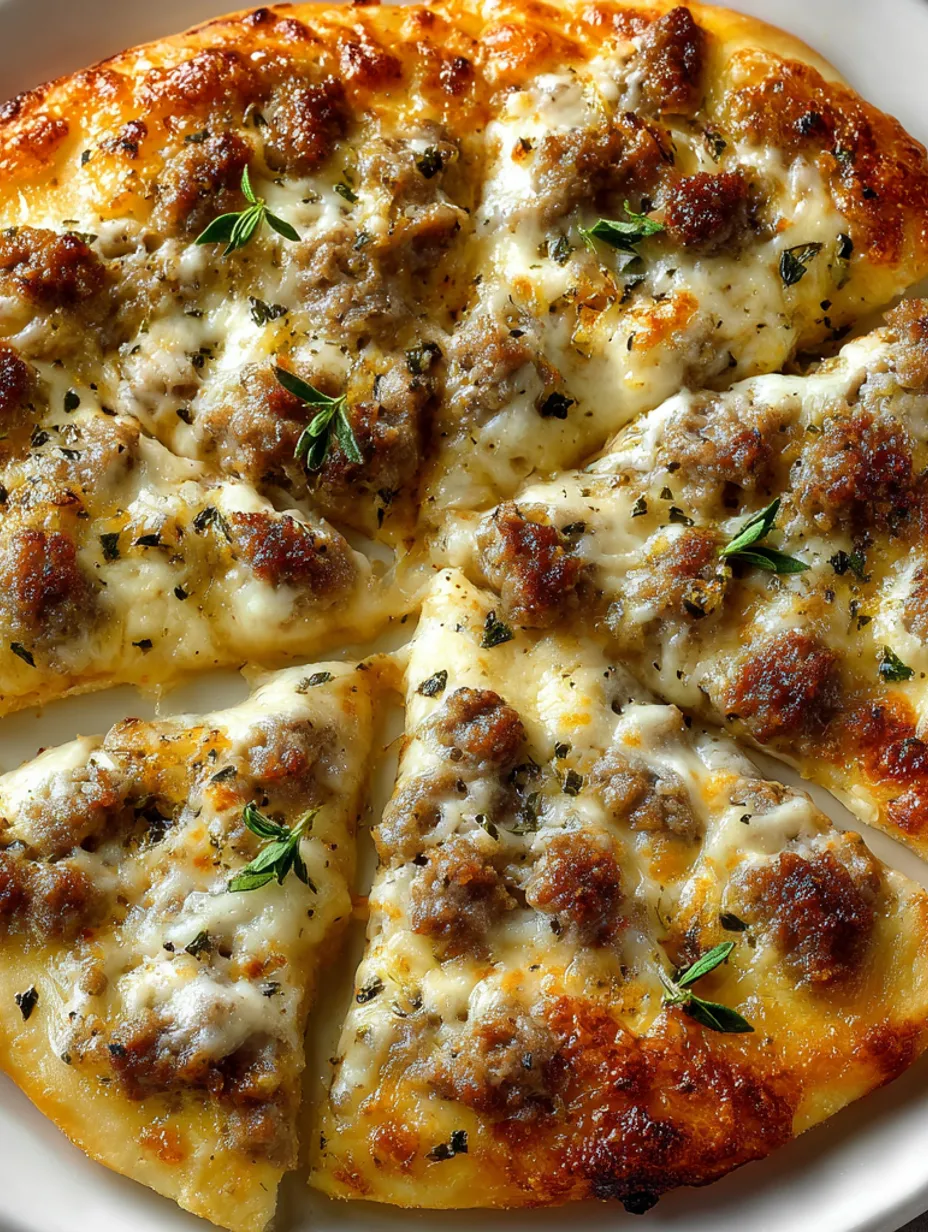 A pizza with sausage and biscuits on top.