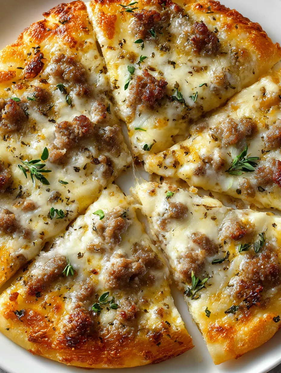 A slice of biscuits and sausage gravy breakfast pizza.