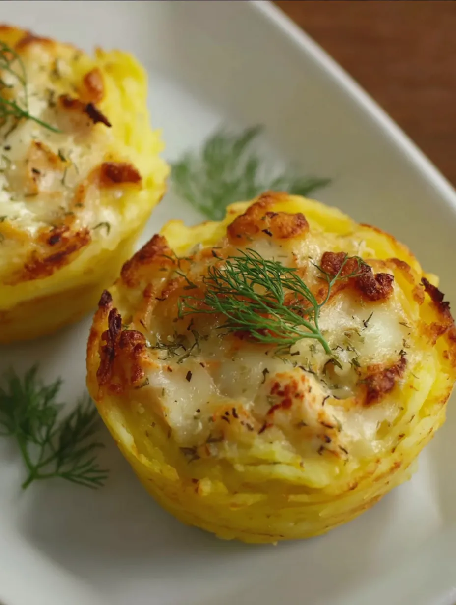 Two cheesy chicken-stuffed mashed potato nests.