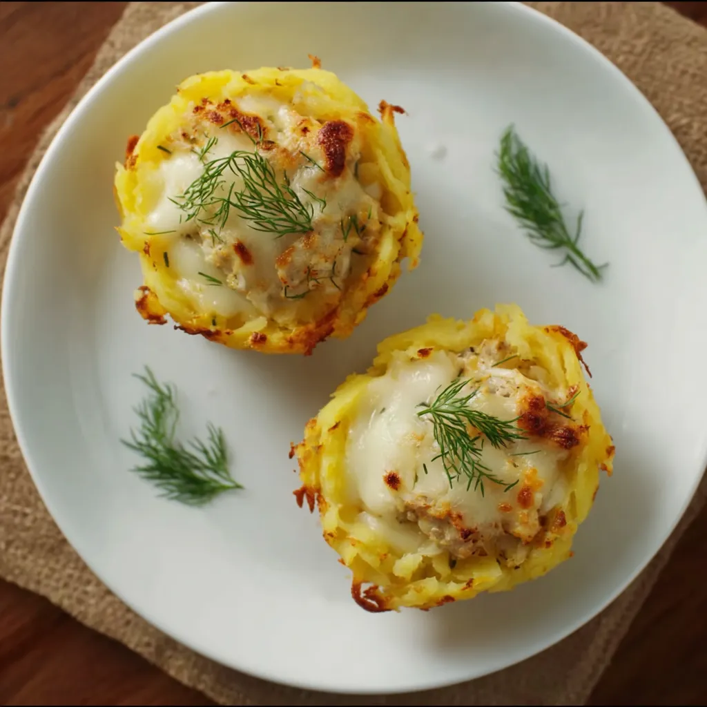 Two cheesy chicken-stuffed mashed potato nests on a white plate.