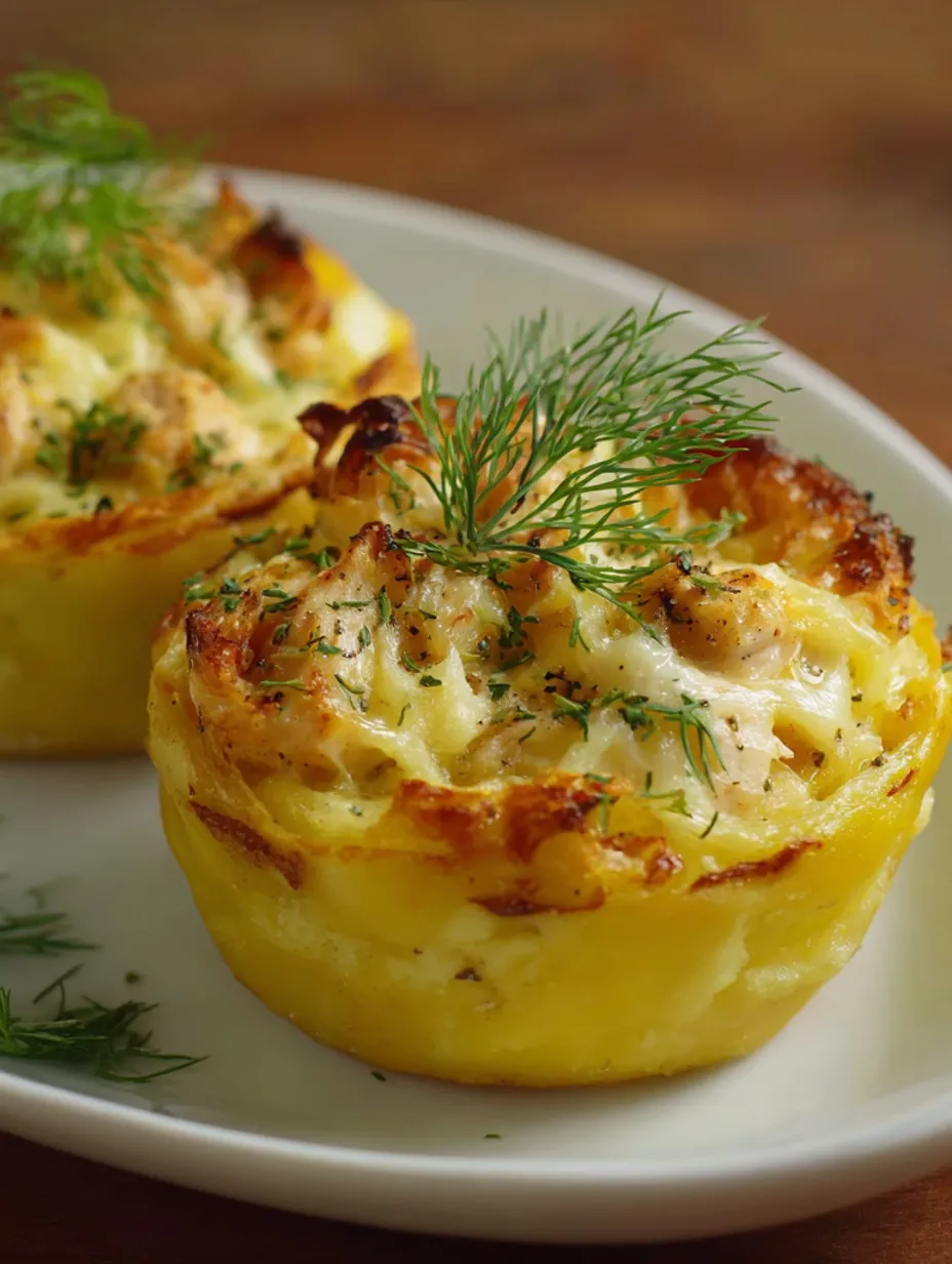 Two cheesy chicken-stuffed mashed potato nests.