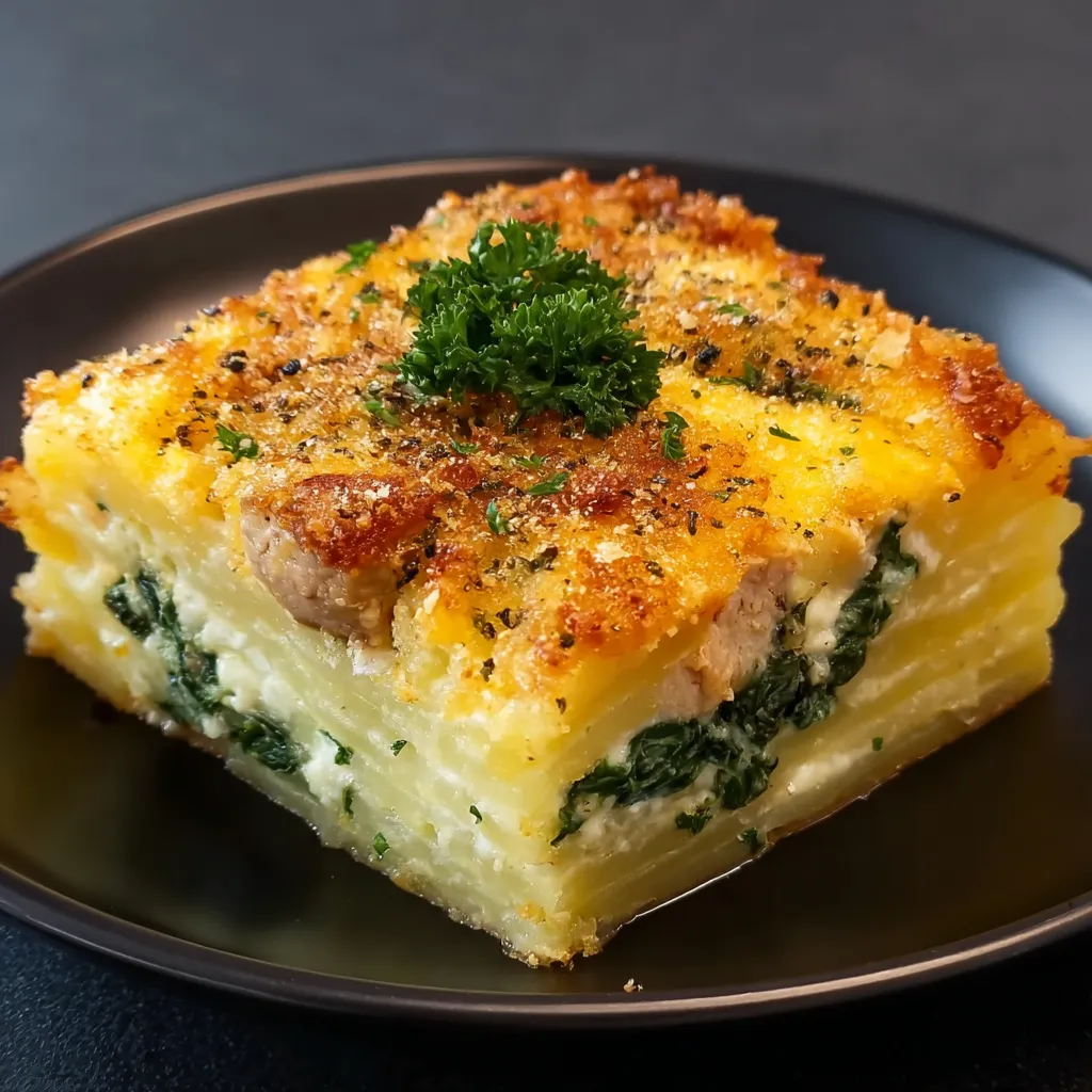 A close up of a stuffed potato, beef and spinach bake with cheesy topping.